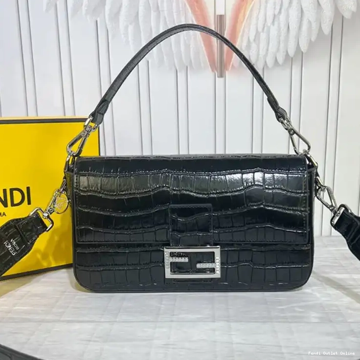 Cheap Baguette Crocodile In Medium Bag Black Fendi Tiffany Leather 0704